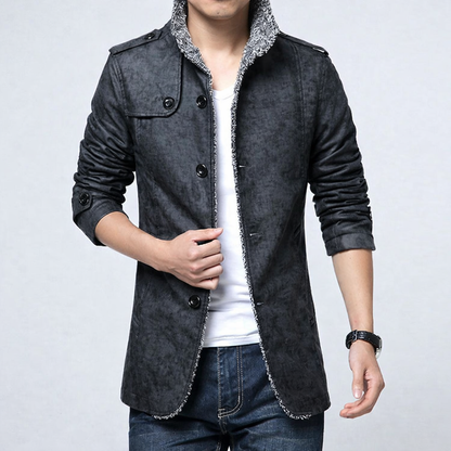 Men's Fitted Leather Coat with Button FrontClosure