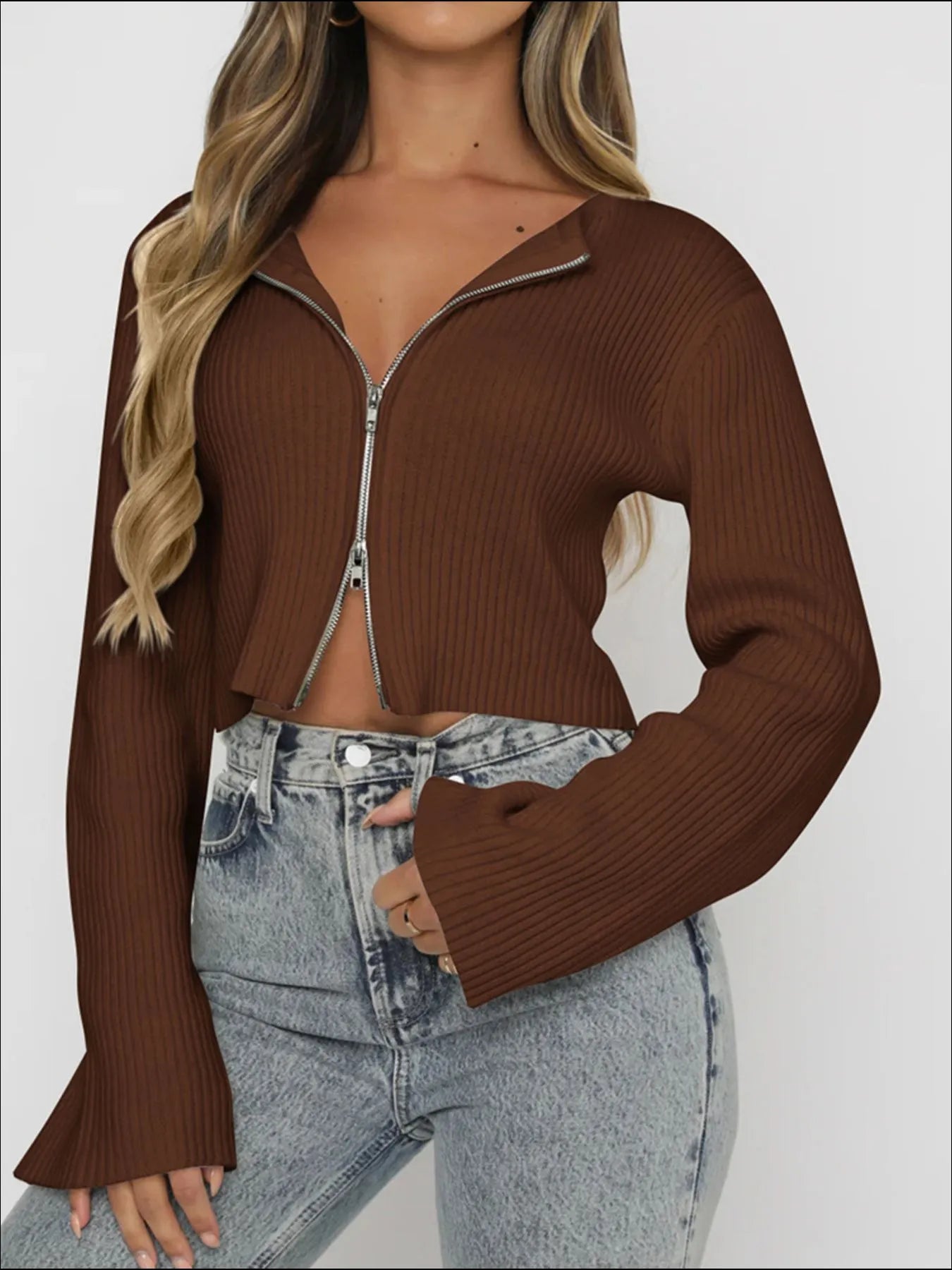 Textured Zip Front Short Cardigan