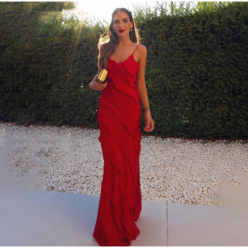 Ladies Formal Floor Length Strap Dress with Ruffles - EasyApparels