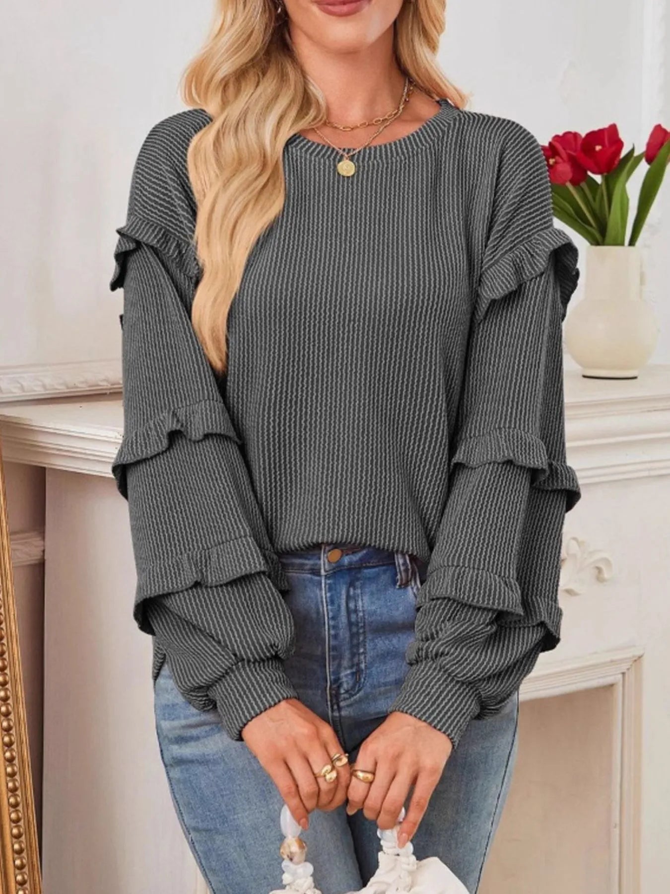 Feminine Crew Neck Long Sleeve Pullover - EasyApparels