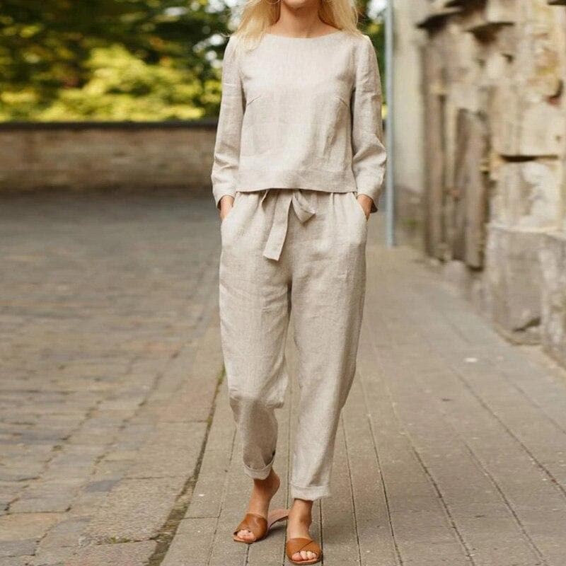 Soft Womens Pajama Set Linen Blouse Pants - EasyApparels