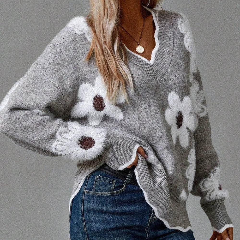 Pretty Floral Knit Sweater - Vossary