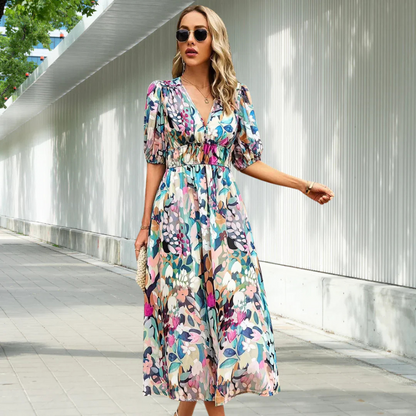 Elegant V Neck Ladies Summer Dress with Puffy Sleeves
