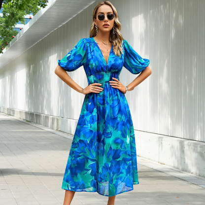 Elegant V Neck Ladies Summer Dress with Puffy Sleeves