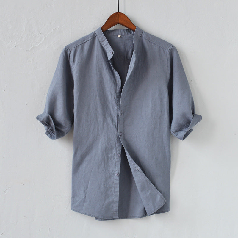 Casual Linen Shirt Relaxed Fit Mandarin Collar