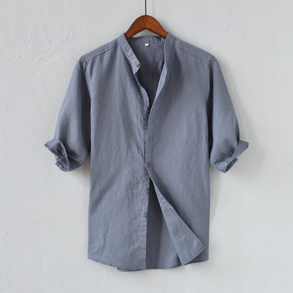 Casual Linen Shirt Relaxed Fit Mandarin Collar