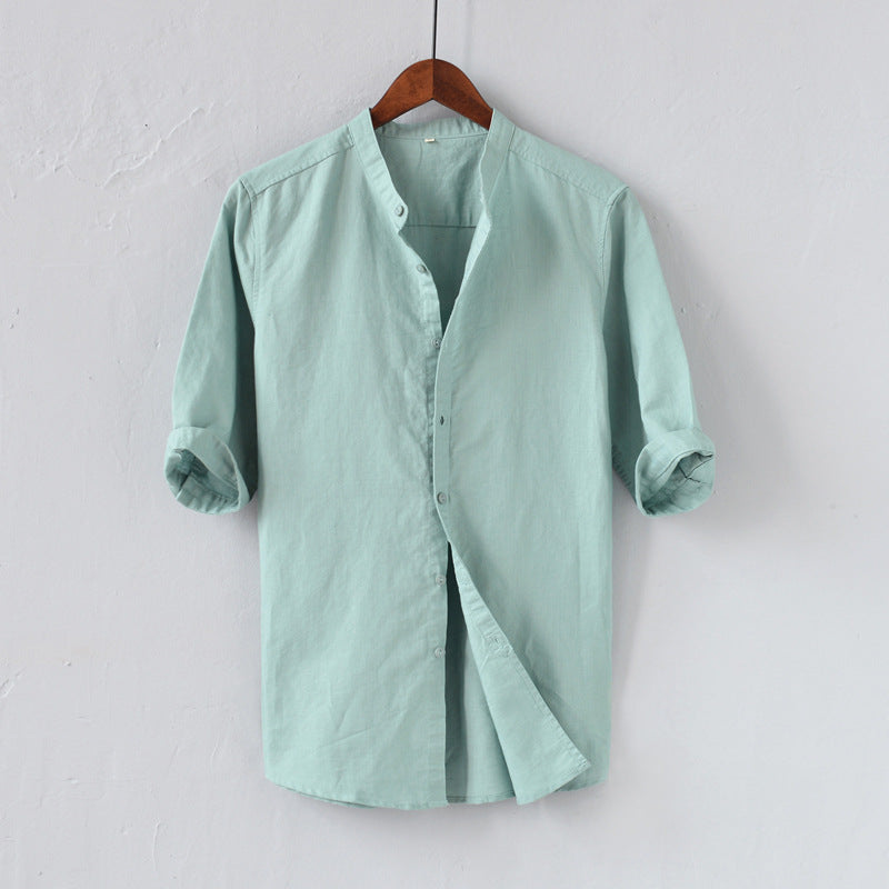 Casual Linen Shirt Relaxed Fit Mandarin Collar