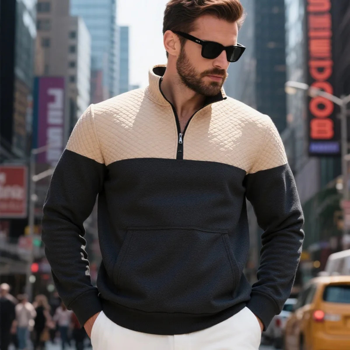 Men's Quilted Colorblock Zip Up Sweater