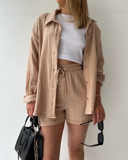 Comfy Cotton Button Front Shirt and Shorts Set - EasyApparels