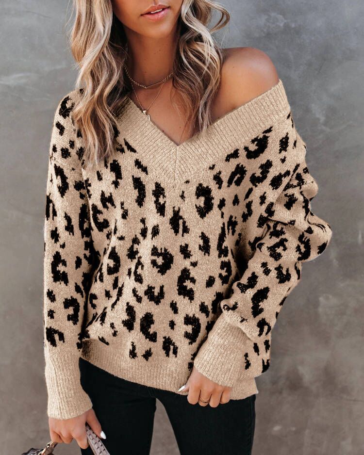 Large Soft Women's V Neck Sweater - Leopard Print - Luxicro