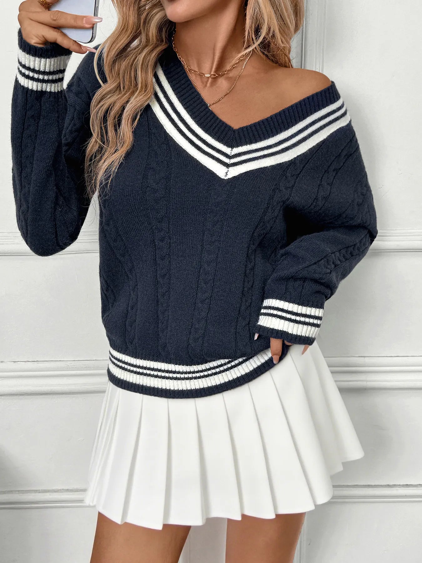 Colorful Horizontal Neck Knit Sweater - EasyApparels