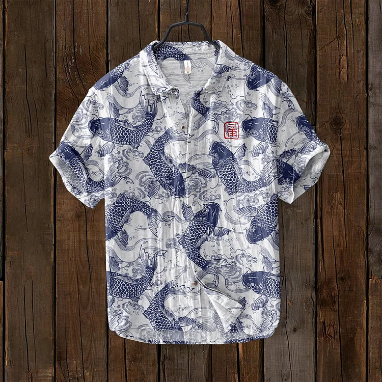 Casual Linen Shirt with Fish Pattern