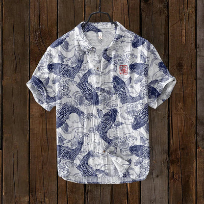 Casual Linen Shirt with Fish Pattern