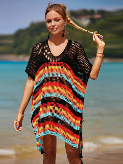 Boho Chic Striped Beach Cover-Up with Fringe