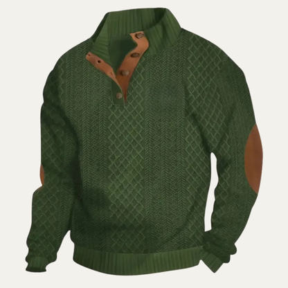 Warm Mens Plaid Fleece Pullover with Leather Elbow Patches