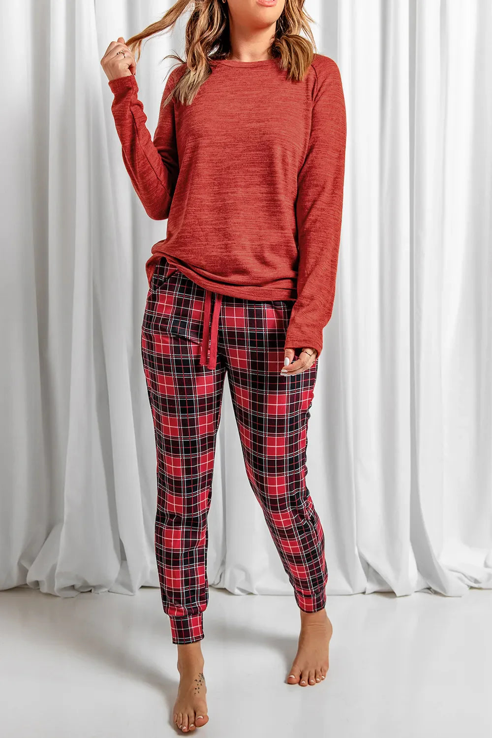 Comfy Crew Neck Top and Flannel Pant Set - EasyApparels
