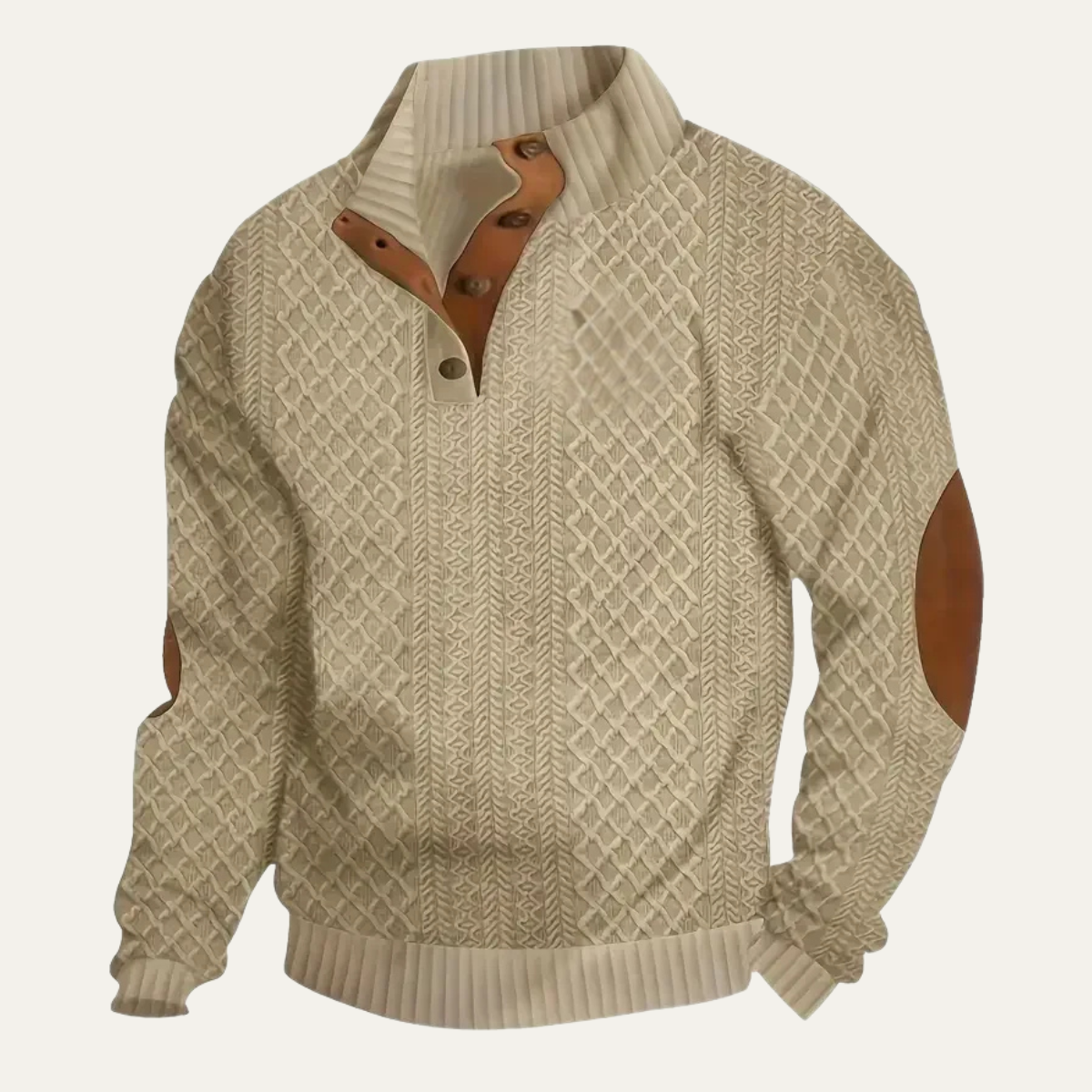 Warm Mens Plaid Fleece Pullover with Leather Elbow Patches