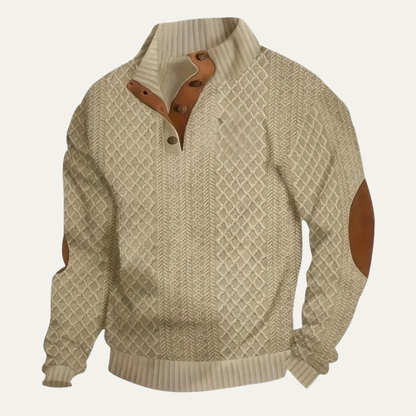 Warm Mens Plaid Fleece Pullover with Leather Elbow Patches