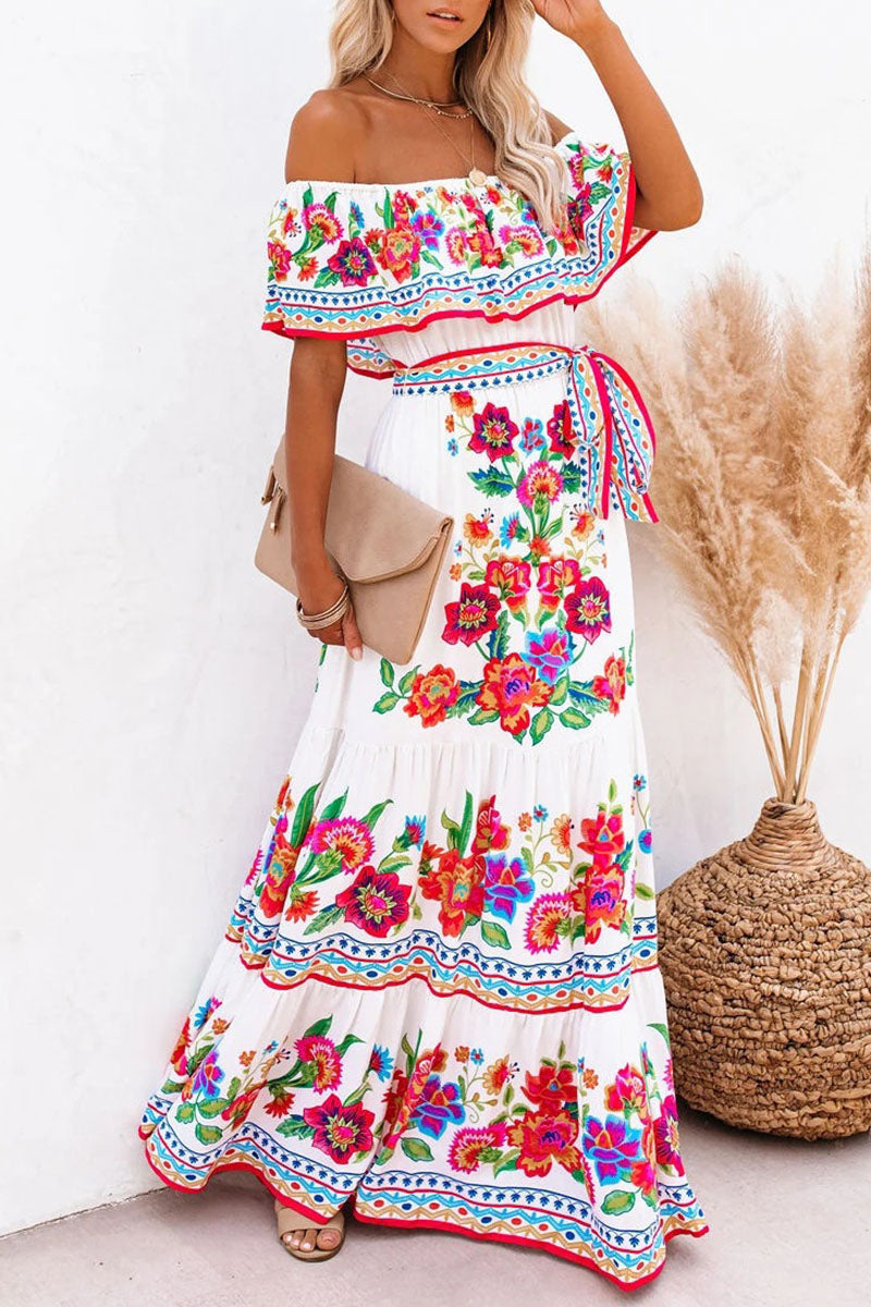 Long Sleeve Floral Maxi Dress with Ruffles - EasyApparels