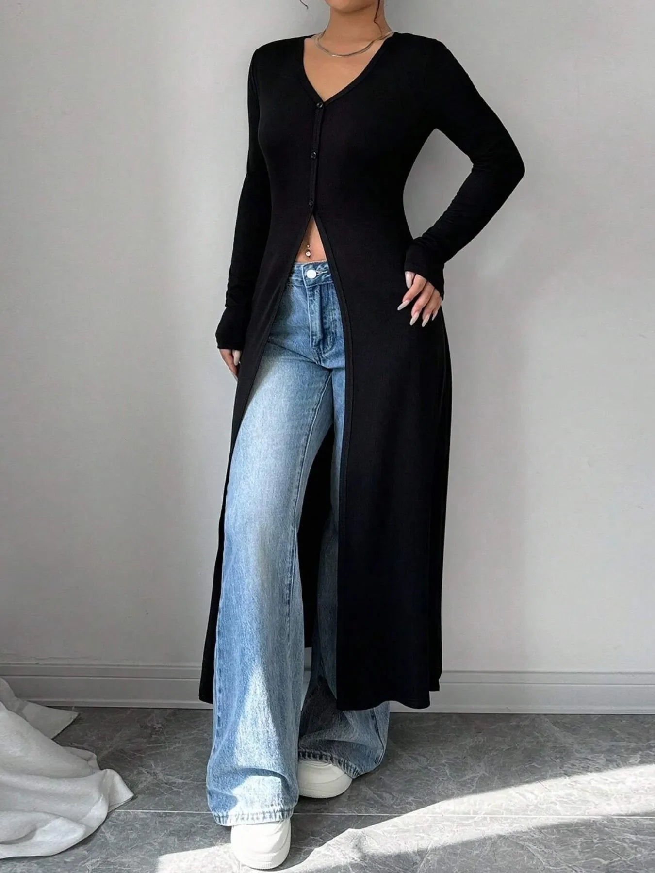 Open Front Oversized V-Neck Cardigan