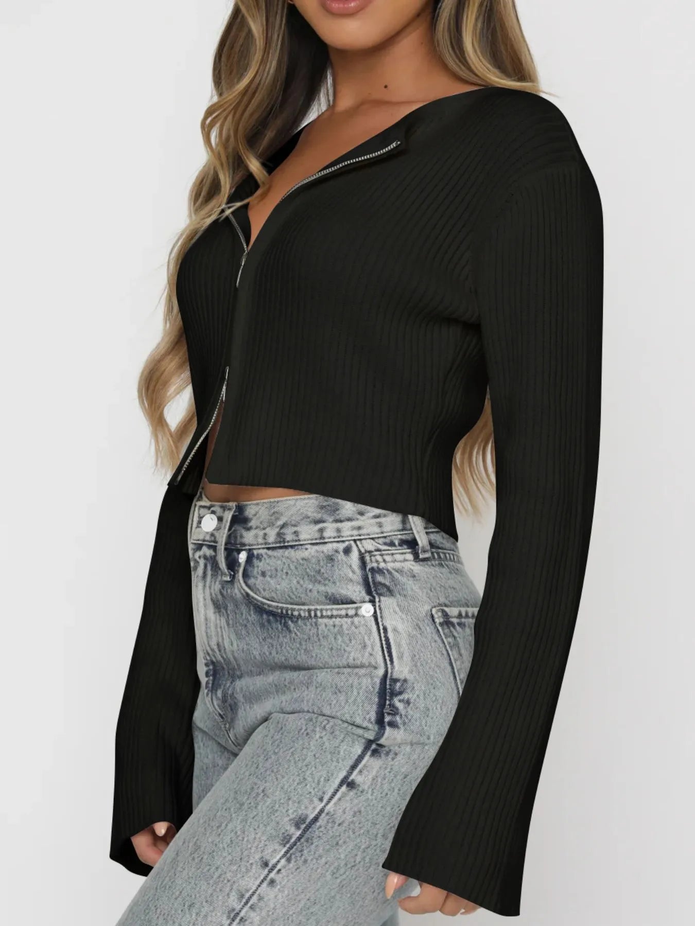 Textured Zip Front Short Cardigan