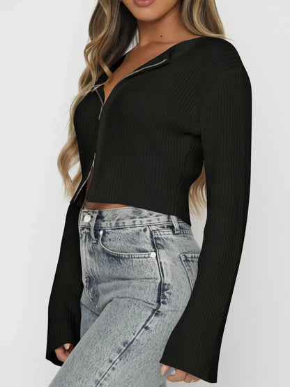 Textured Zip Front Short Cardigan