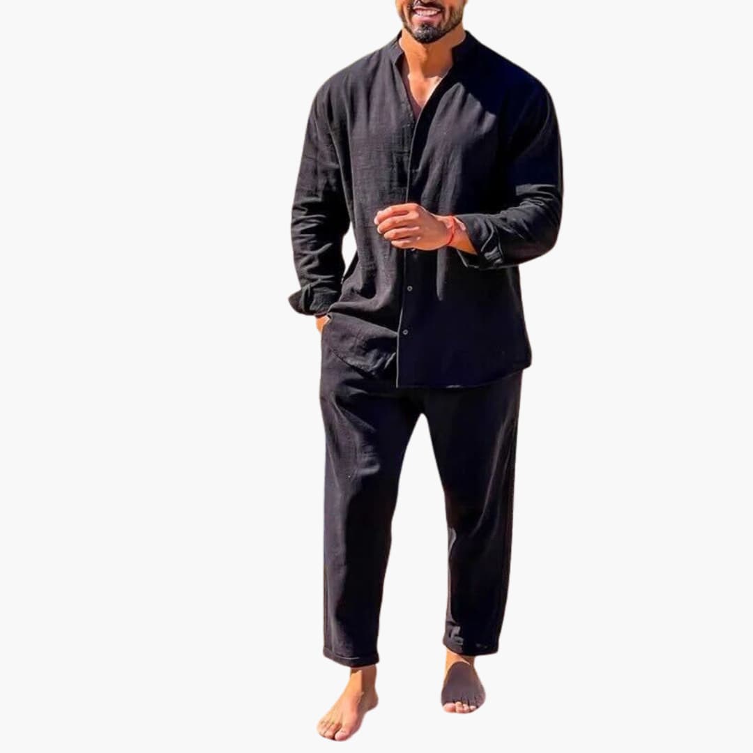 Summer Linen Suit for Men with Long Sleeve Top Pants - Vossary
