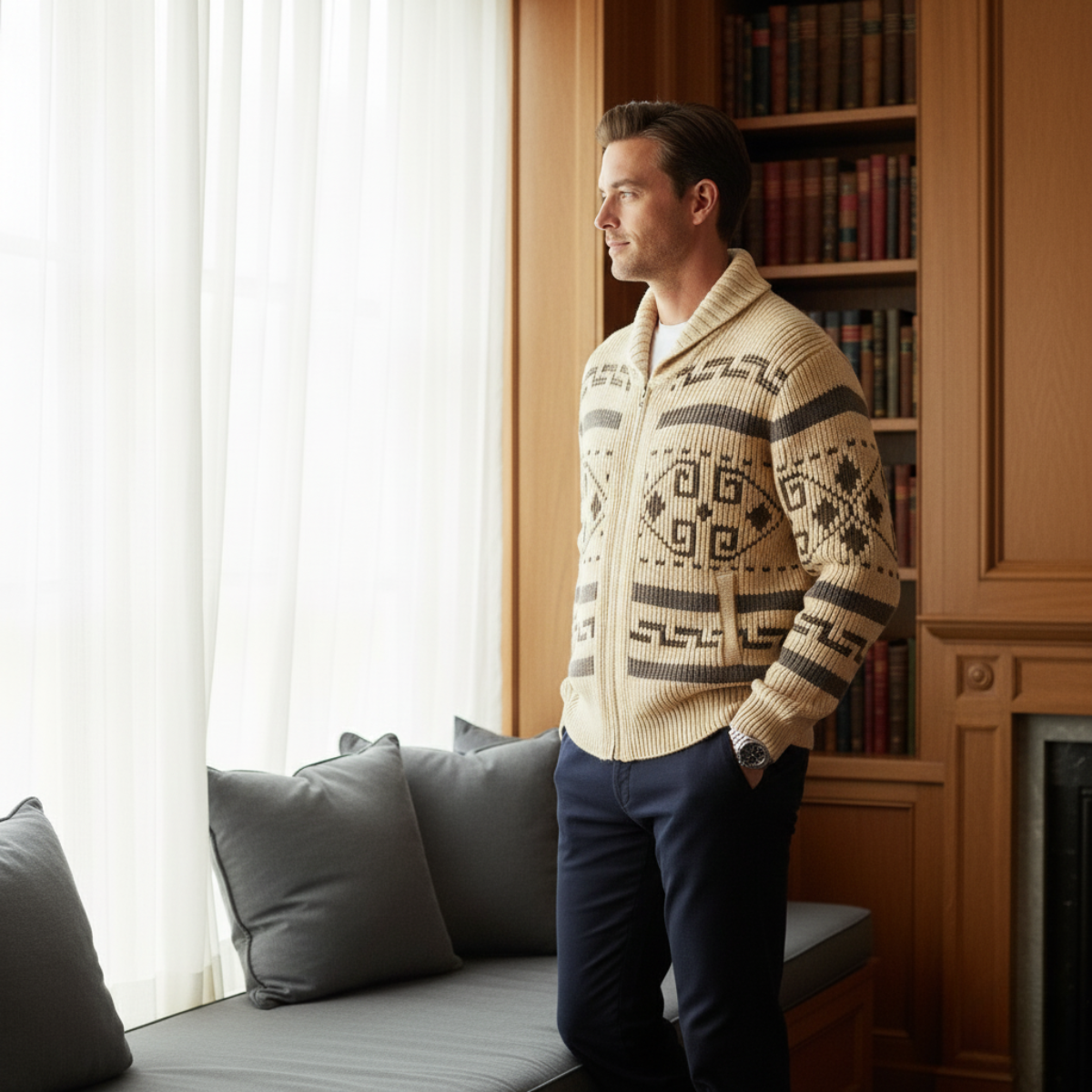 Warm Aztec Pattern Men's Cardigan Sweater
