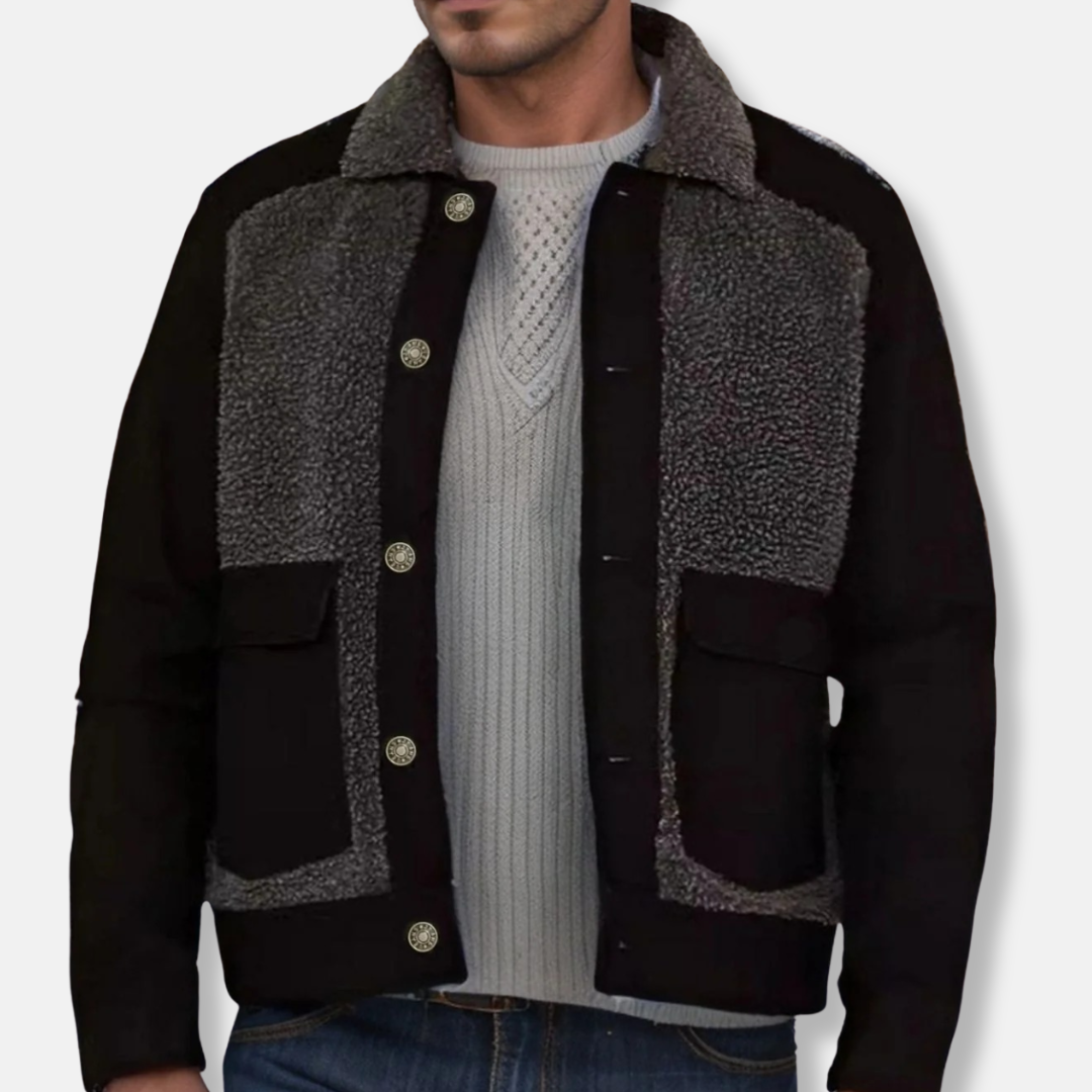 Warm Patchwork Mens Coat with Faux Fur Collar - EasyApparels
