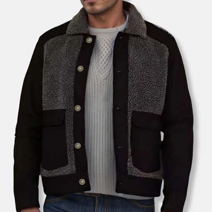 Warm Patchwork Mens Coat with Faux Fur Collar - EasyApparels