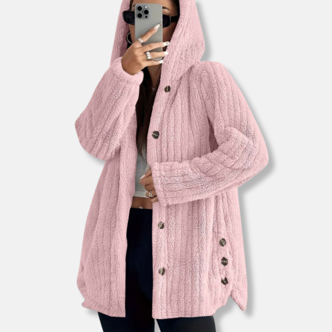 Ladies Long Hooded Coat Soft Button Front - EasyApparels