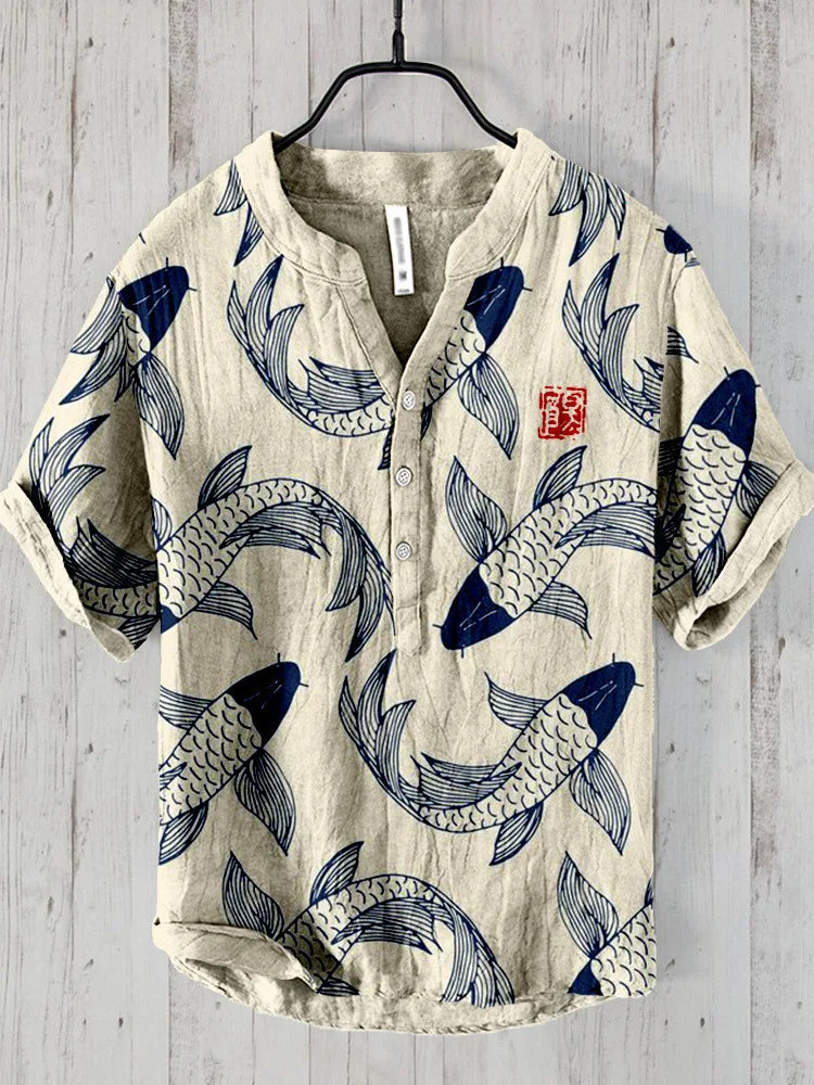 Casual Linen Shirt with Fish Pattern - EasyApparels