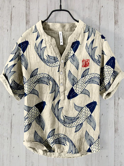 Casual Linen Shirt with Fish Pattern - EasyApparels