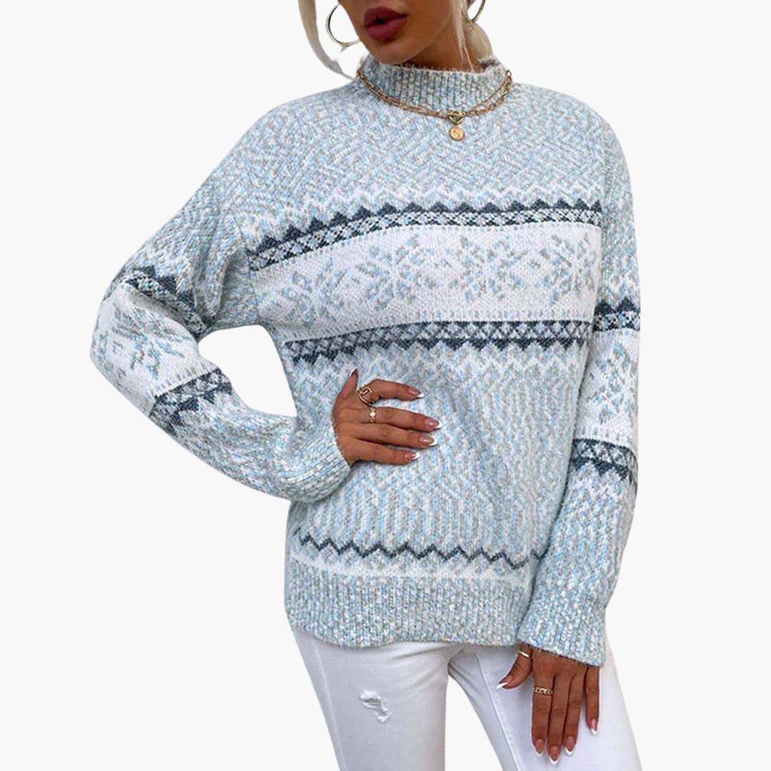 Women's Crew Neck Sweater with Snowflake Design - Vossary