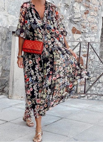 Women's Vintage Floral V-Neck Summer Dress - EasyApparels