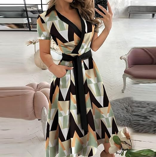Ladies' V Neck Midi Dress with Belted Waist - EasyApparels