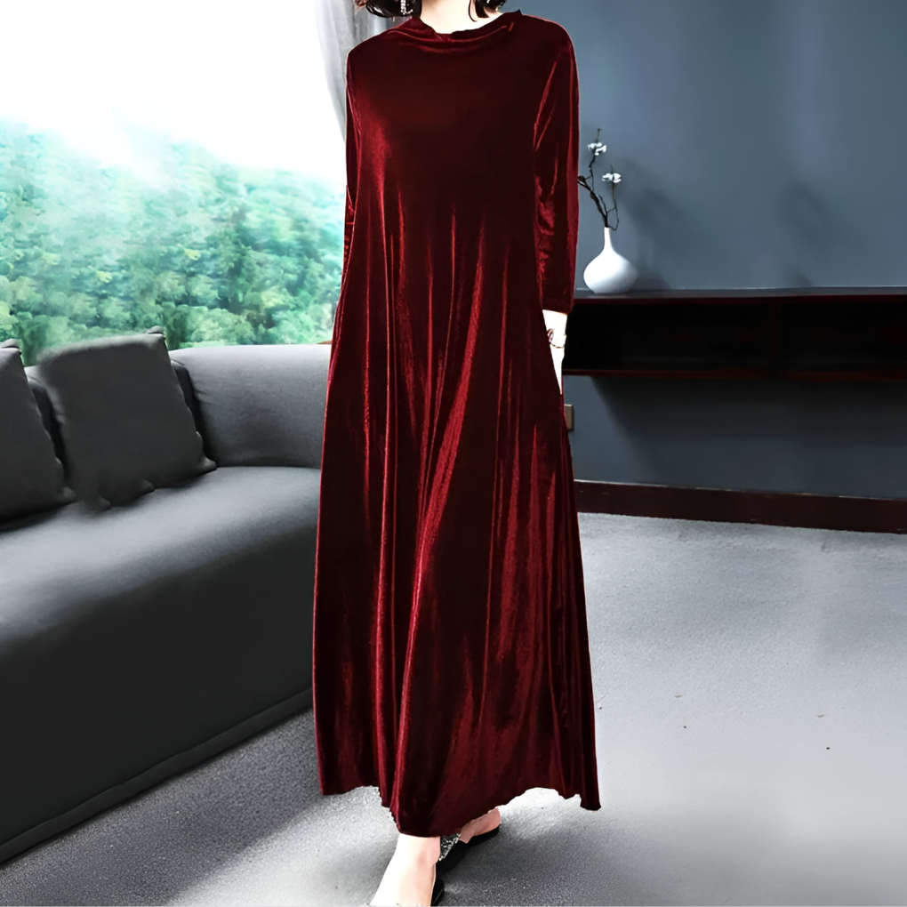 Luxurious Red Velvet Long Sleeve Evening Dress - Vossary