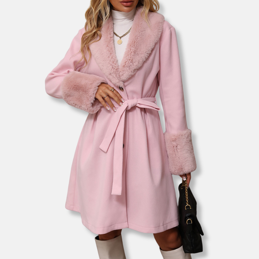 Classic Women's Belted Trench Coat with Fur Trim