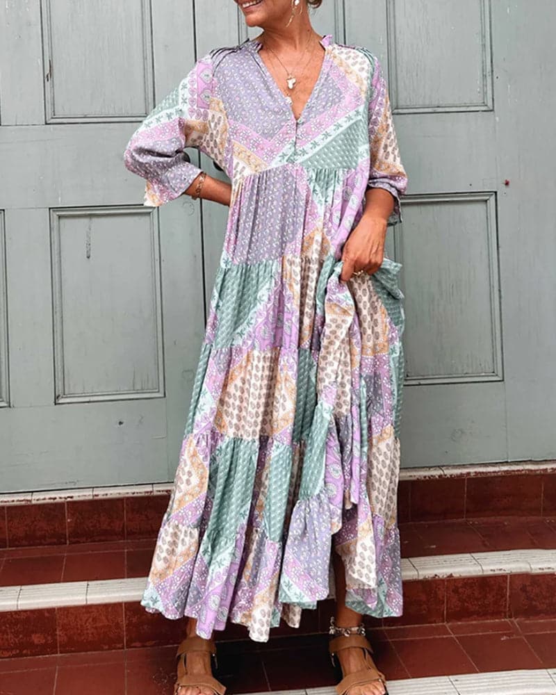 Flowy V Neck Maxi Dress with Colorful Patchwork Print - EasyApparels