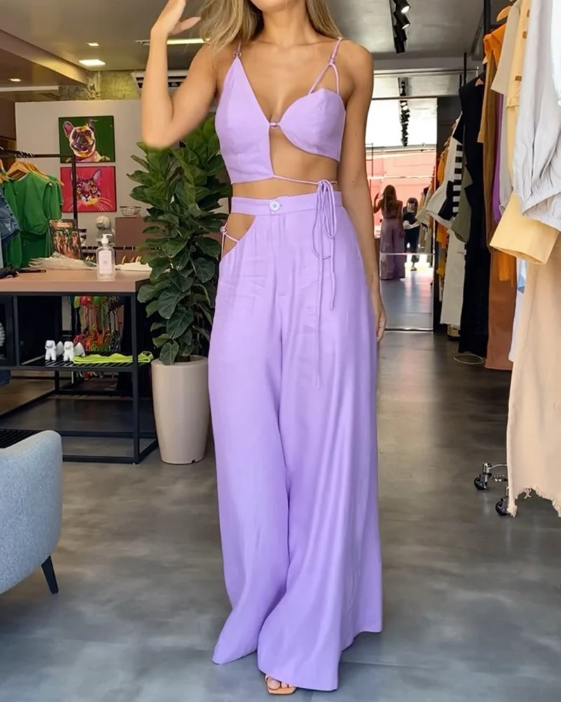 Ladies' 2-Piece Outfit - Cropped Halter Top with High-Waist Pants - EasyApparels