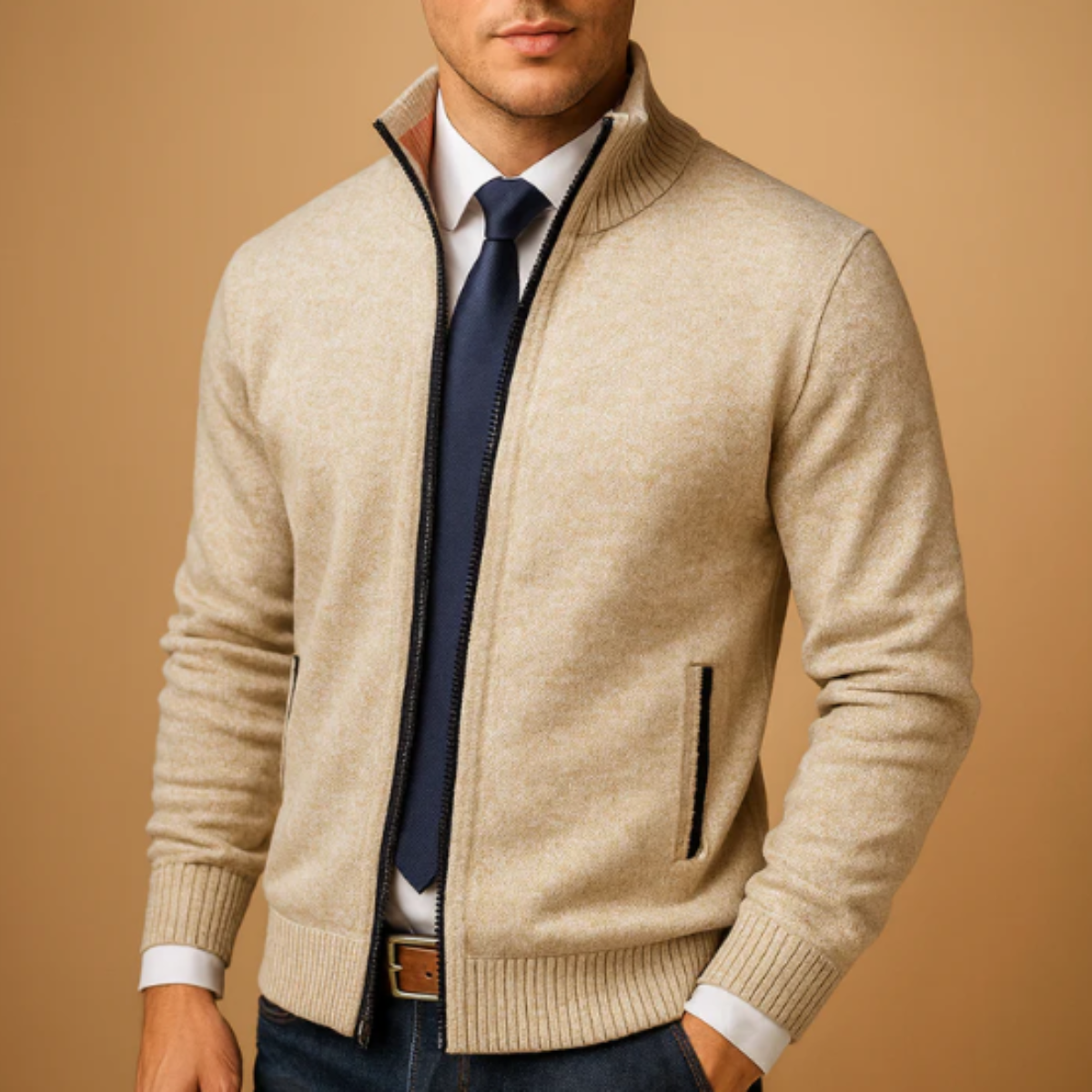 Warm Crew Neck Knitted Zip Men's Cardigan Sweater