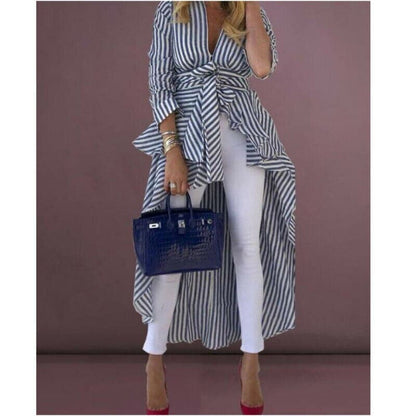 Chic V-Neck Striped Blouse with Waist Tie - EasyApparels