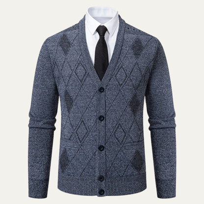 Warm Men's Plaid V Neck Fleece Cardigan Sweater - Vossary