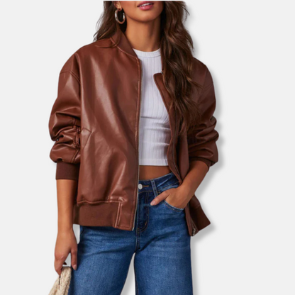 Ladies Genuine Leather Biker Jacket with Zip Front