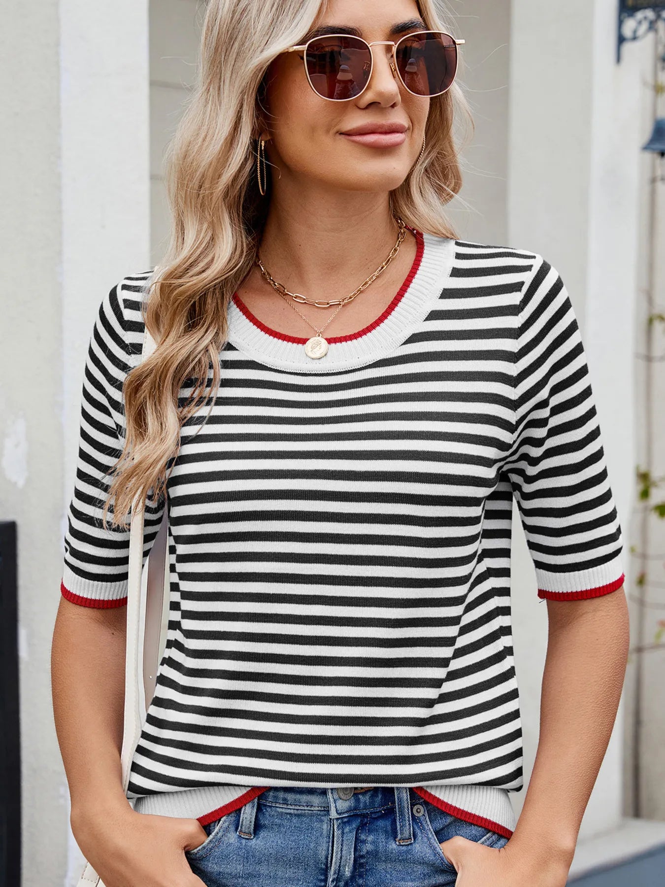 Classic Crew Neck Tee with Colorful Accent