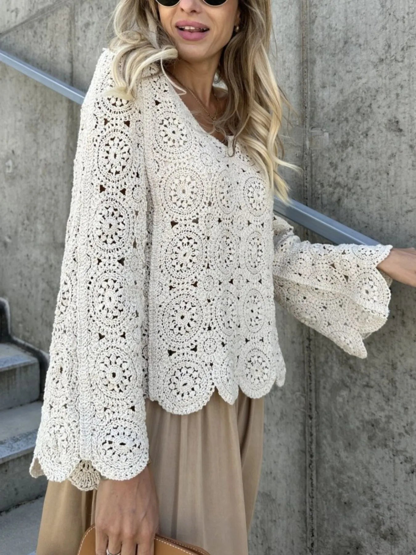 Boho Chic Open Neck Ruffle Knit Top - EasyApparels