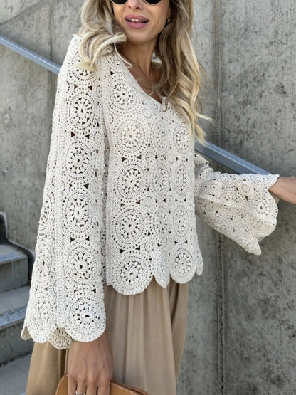 Boho Chic Open Neck Ruffle Knit Top - EasyApparels
