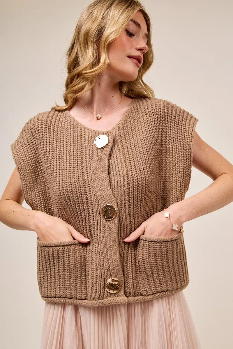 Large Silver Button Front Sweater Vest - EasyApparels