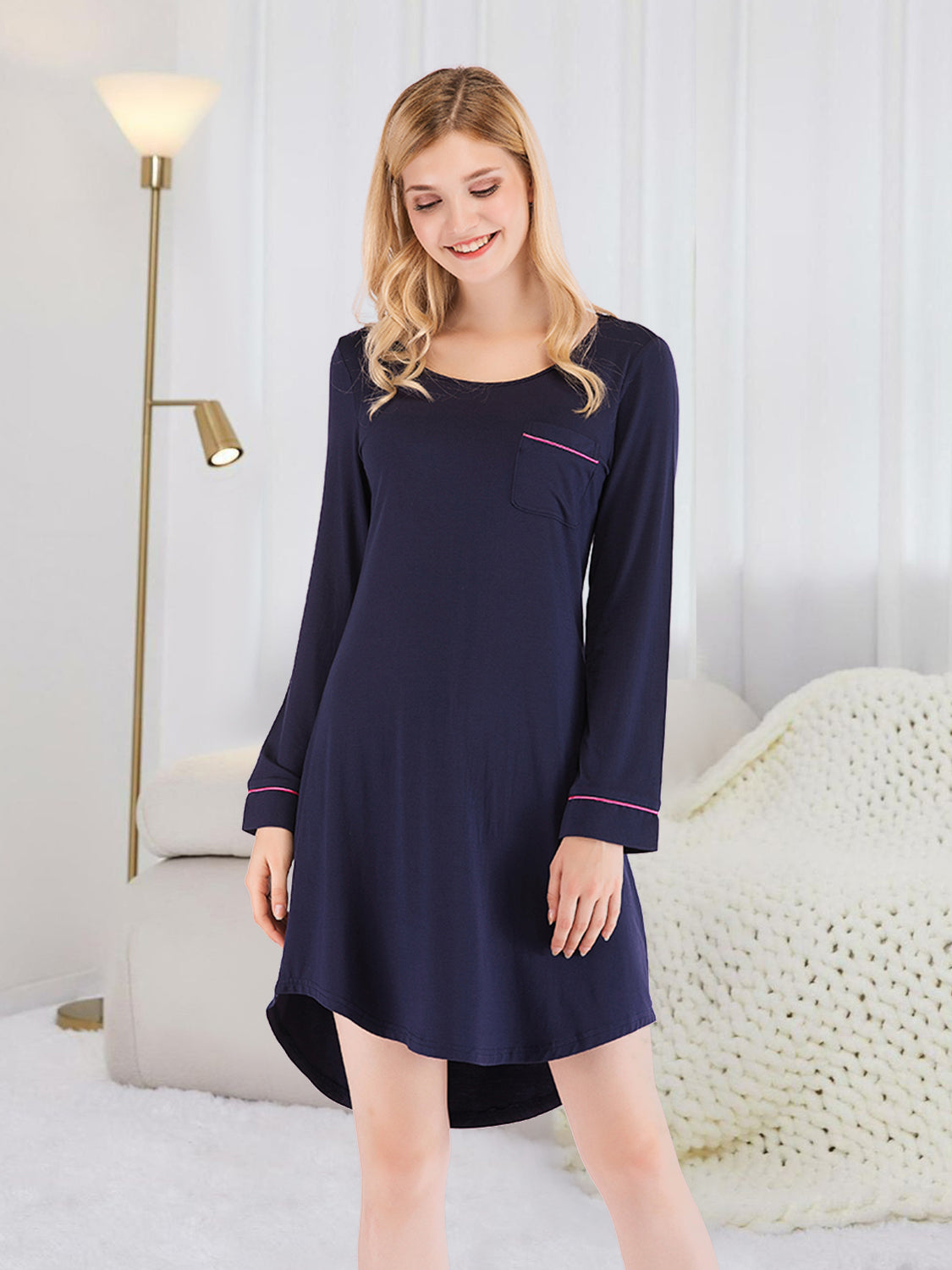 Comfortable V Neck Sleep Dress with Pockets - EasyApparels