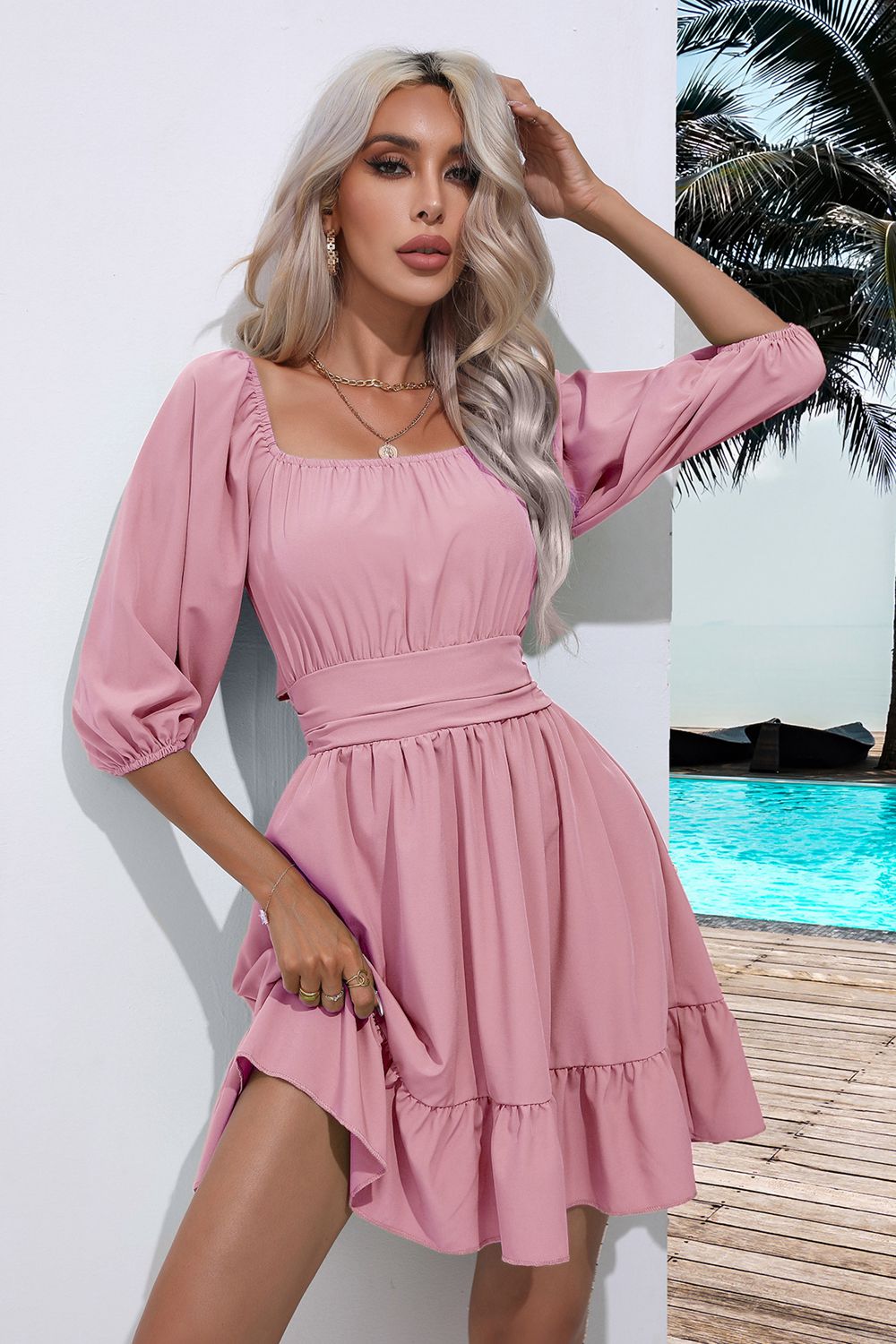 Chic Fit Ruffle Hem Dress with Tie Back Detail - EasyApparels